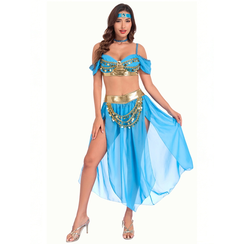 Costume de danse du ventre Arabian Nights pour femmes, costume de princesse Genie bleu et or, tenue sur le thème de la lampe magique, cosplay, robe de fête d'Halloween