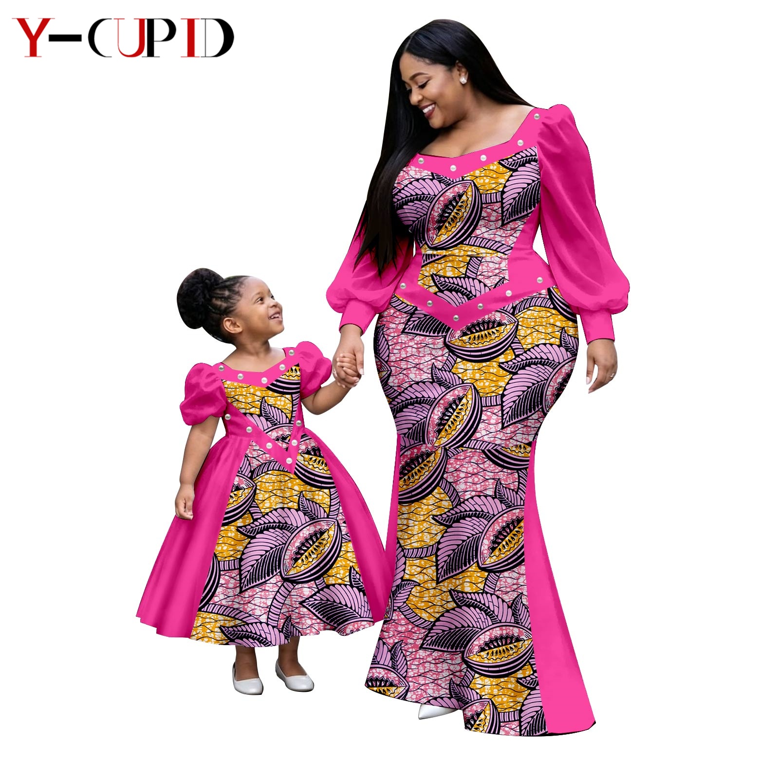 Robes tutu à manches à volants imprimées africaines pour femmes et filles, tenues Dashiki mère-fille, vêtements de famille 26F011