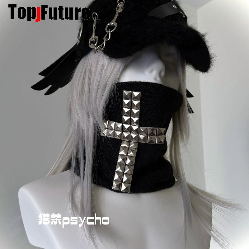 Casquette de baseball unisexe avec fourrure, style steampunk, visière rigide et rivets punk, cache-cou en peluche, écharpe croisée tricotée, gothique