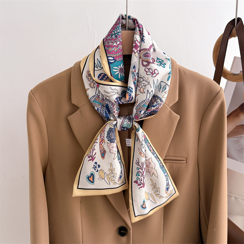 Écharpe luxueuse à double couche avec pompons, décoration à nouer, cravate assortie, petit bandeau, foulard en soie, imprimé pour femme