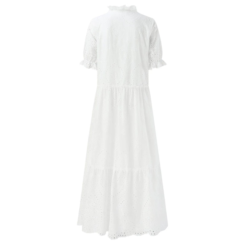 Robe d'été en coton blanc pour femmes, décontractée, creuse, Crochet, bohème, ample, plage, longue, grande taille, robe de vacances à volants