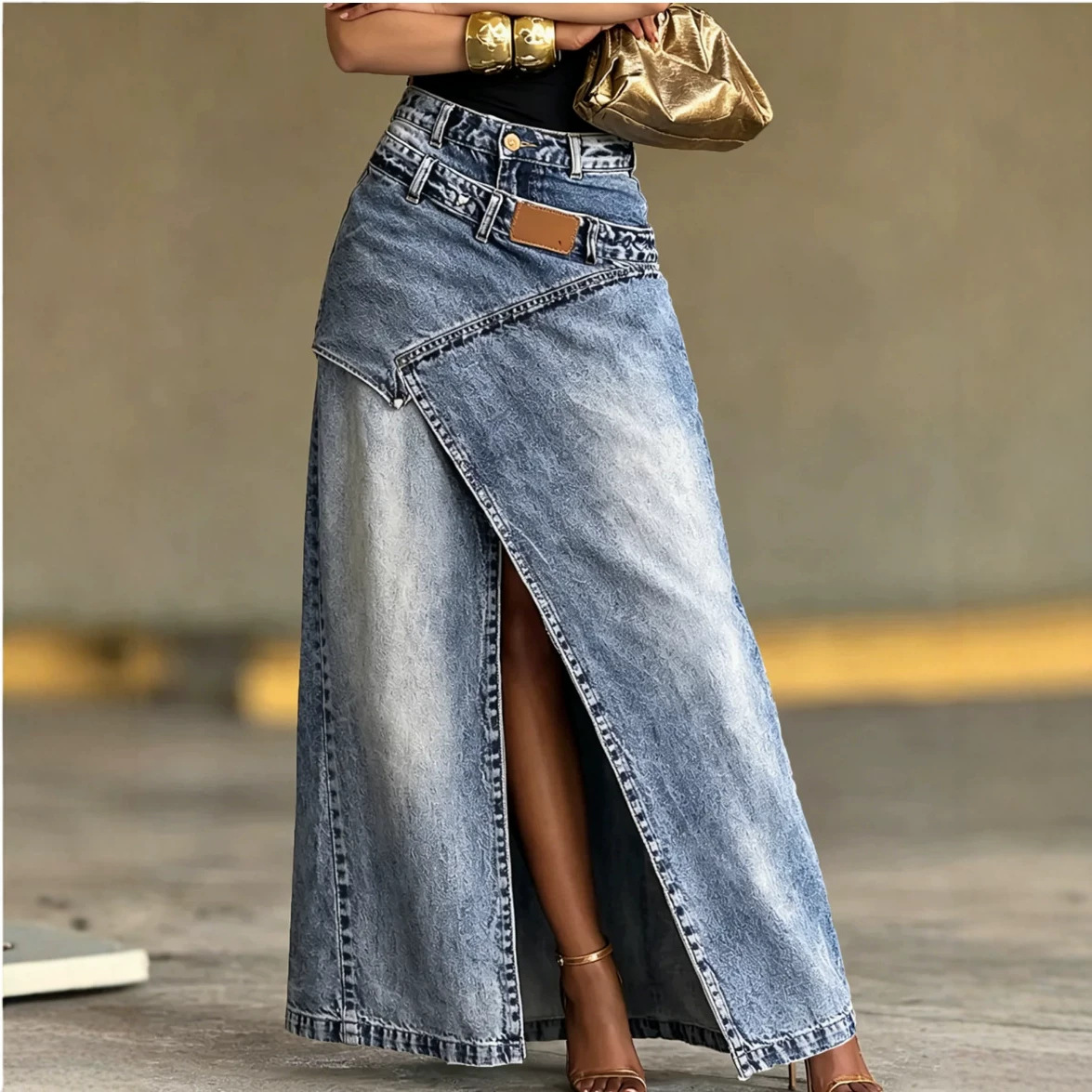 Nouvelle jupe longue en jean taille haute fendue irrégulièrement pour femme, style streetwear décontracté, coupe trapèze, tenue de rue tendance printemps-automne