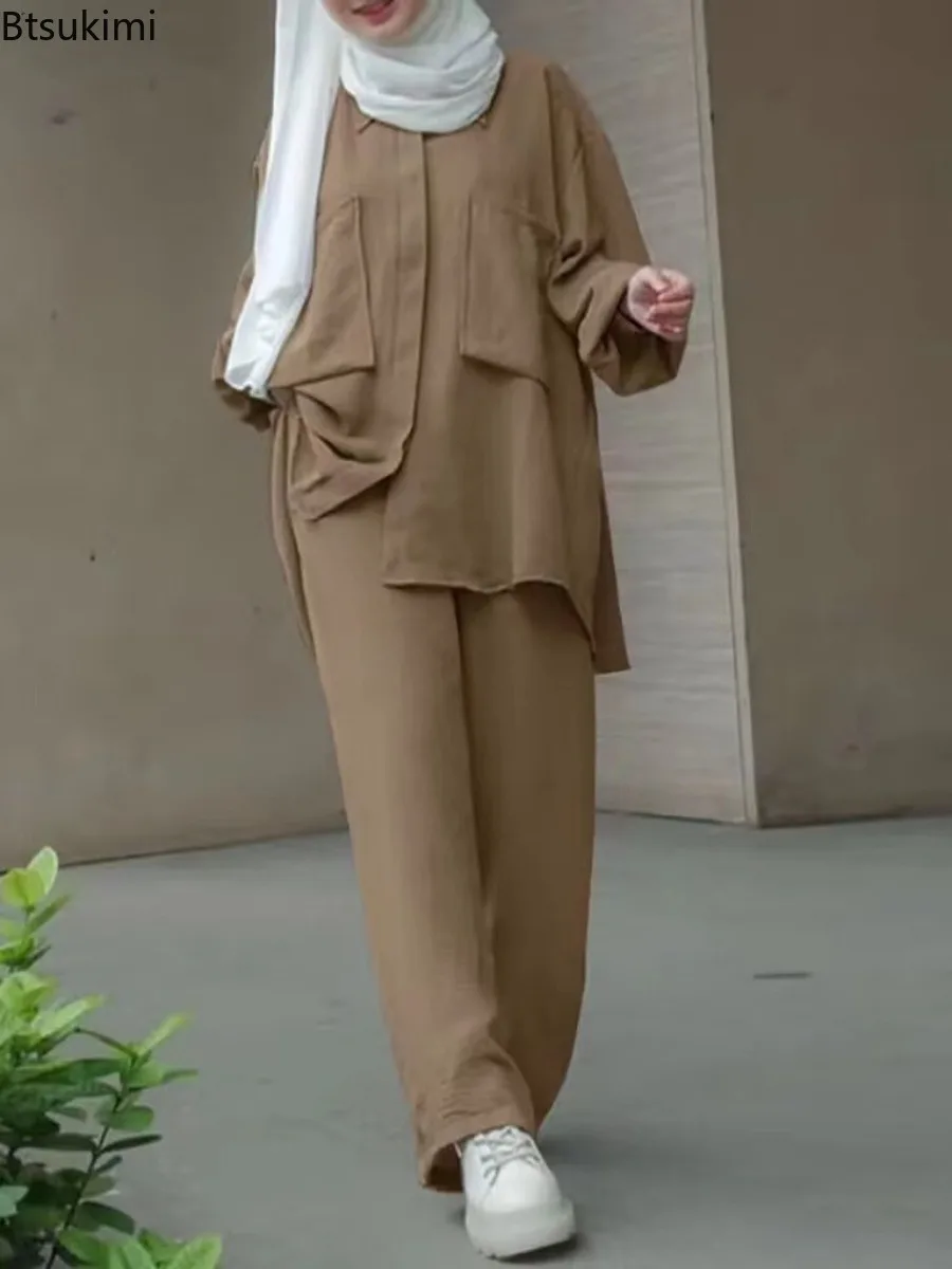 Femmes décontracté costume musulman solide Abaya Eid Ramadan à manches longues Blouse + pantalon 2 pièces ensemble dubaï turquie caftan femmes vêtements islamiques