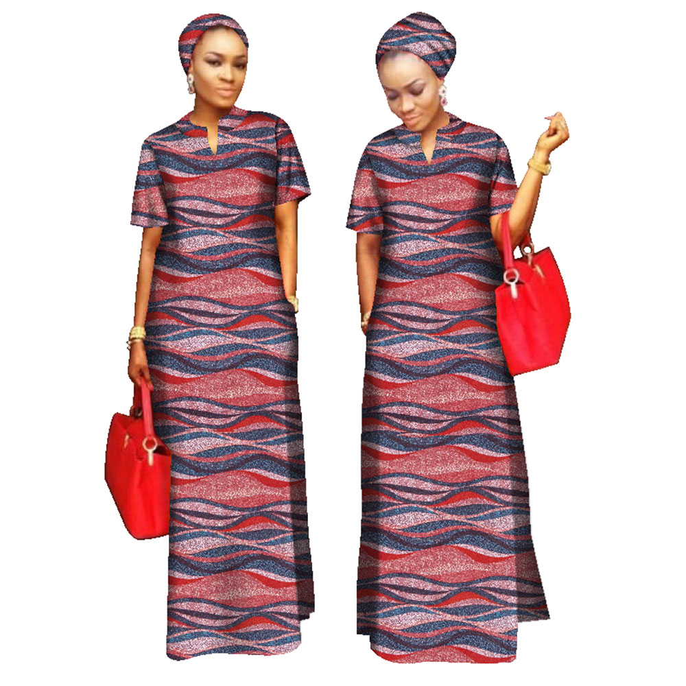 BRW-Vêtements College africains pour femmes, tenues à manches courtes, écharpe de tête gratuite, robe longue pour femme, taille maxi, WY843
