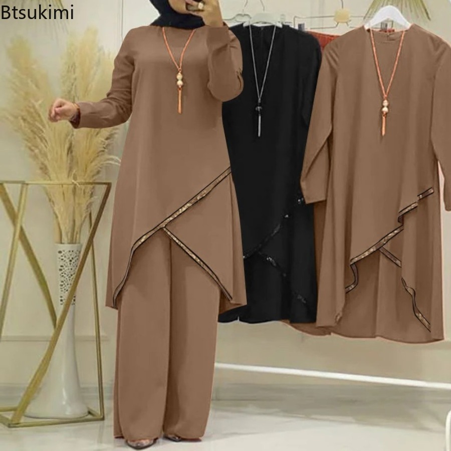 Ensembles de pantalons larges pour femmes musulmanes, mode, sequins, vêtements islamiques, ensembles assortis amples, survêtement, chemisier à manches longues, ensembles Abaya
