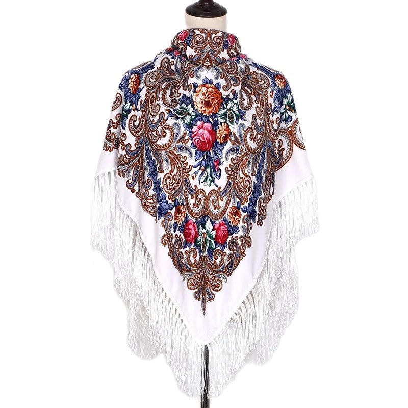 Foulard National russe pour femmes, 130x130cm, Bandana Floral de luxe, châle ukrainien à franges, grande taille, mouchoir, bandeau Babushka