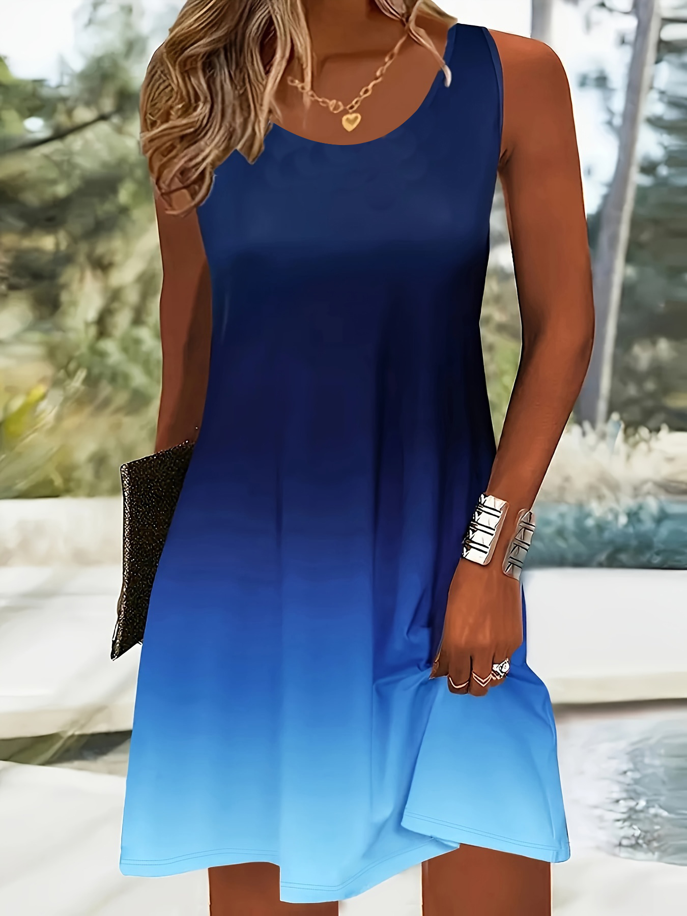 Robe décontractée bleue dégradée pour femme, sans manches, douce, style minimaliste, pour l'été, tenue quotidienne, vêtements de mode féminins