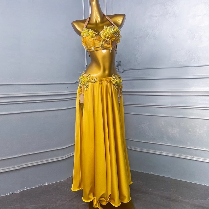 Vêtements de danse du ventre personnalisés, costume de Performance pour femmes, nouvel ensemble de vêtements de danse orientale, robe d'entraînement, vêtements indiens pour femmes, jaune, 2025
