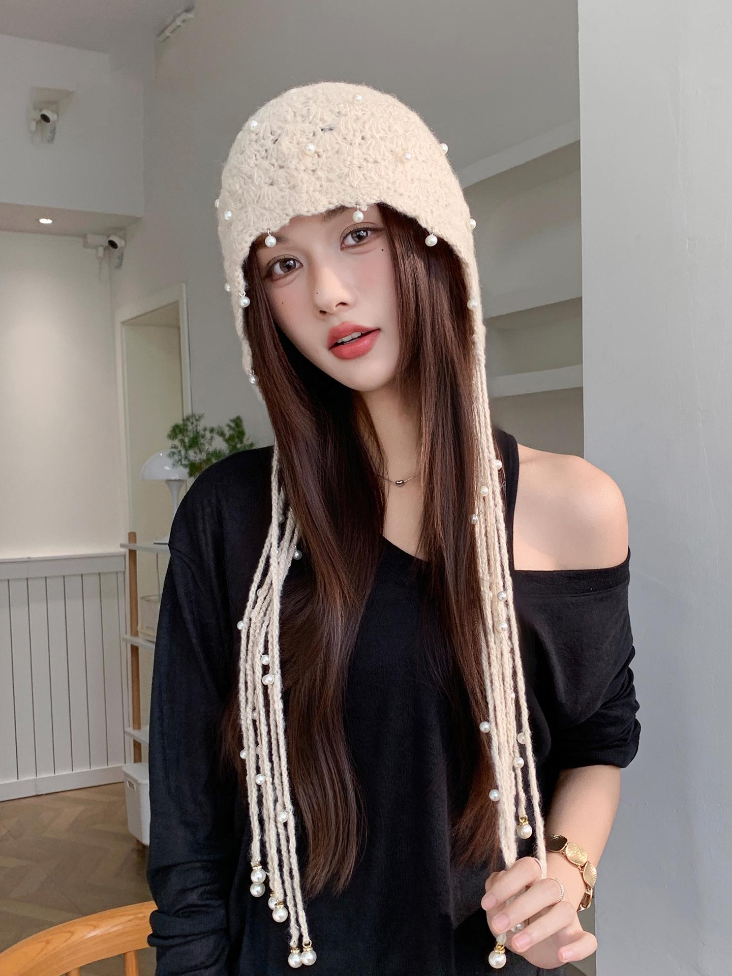 Baotou – chapeau tricoté avec pendentif en perles creuses pour femme, nouveau Style ethnique, Look rétro, petit chapeau tricoté polyvalent, automne/hiver 2025