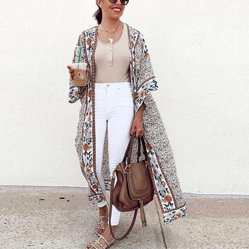 TEELYNN-Cardigan kimono long pour femme, chemise vintage, imprimé floral, style boho, robe de plage, été 2024