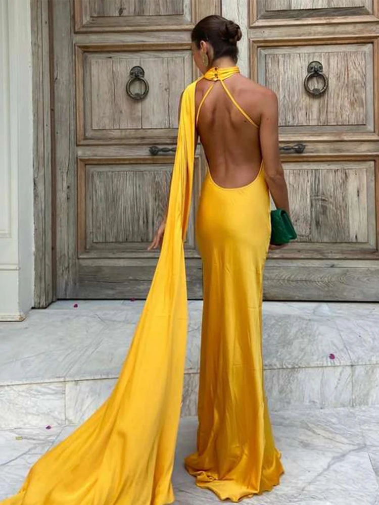 Robe longue dos nu à lacets pour femmes, Maxi, col licou, avec écharpe, couleur unie, sans manches, Slim, élégante, tenue de soirée, nouvelle collection 2024