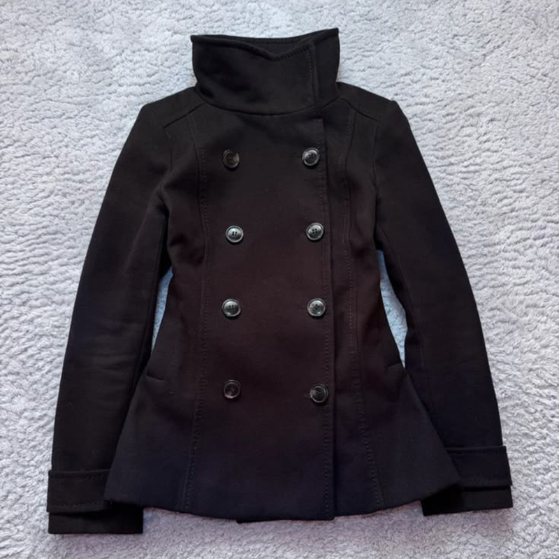 Nouveau Manteau Court Hiver Femme Col Montant Double Boutonnage Élégant Noir Chaud en Laine pour Bureau et Quotidien