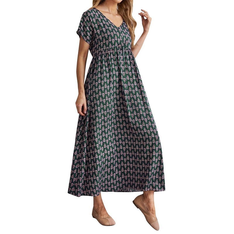 Robe grande taille pour femmes, robe bohème imprimée à manches courtes et col en v, robe longue ample et élégante à taille élastique avec poches