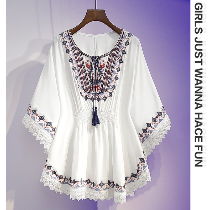 Chemisiers d'été pour femmes, style rétro bohème, imprimés, coupe courte, hauts cape, en coton ample, avec ourlet en dentelle, manches chauve-souris, chemises kimono, Blusa Feminina