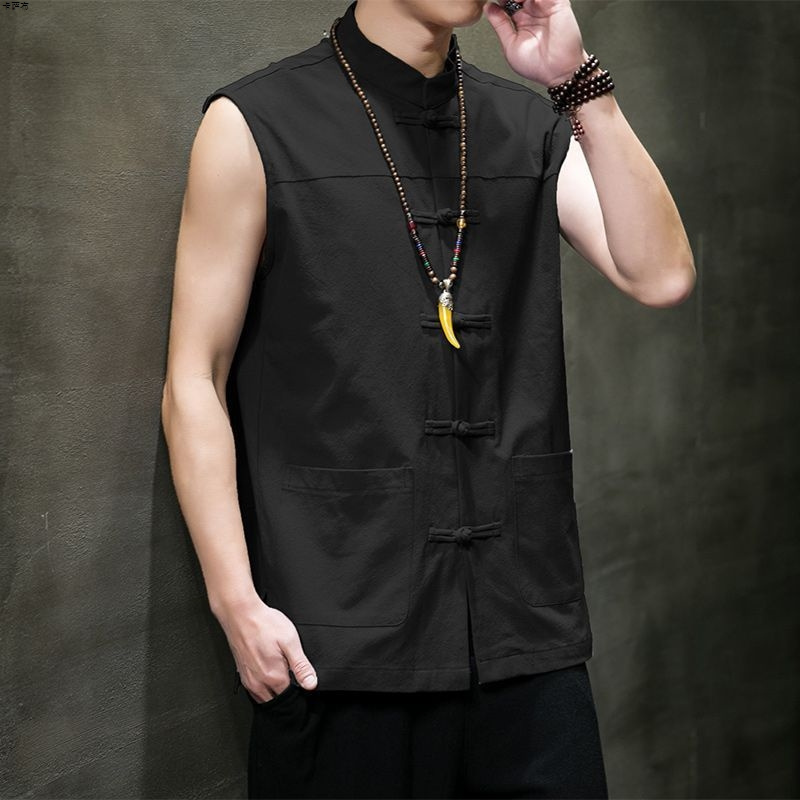Gilet traditionnel chinois pour homme, chemise sans manches ample à boutons grenouille, col mandarin, devant ouvert, grande taille, haut Hanfu ancien