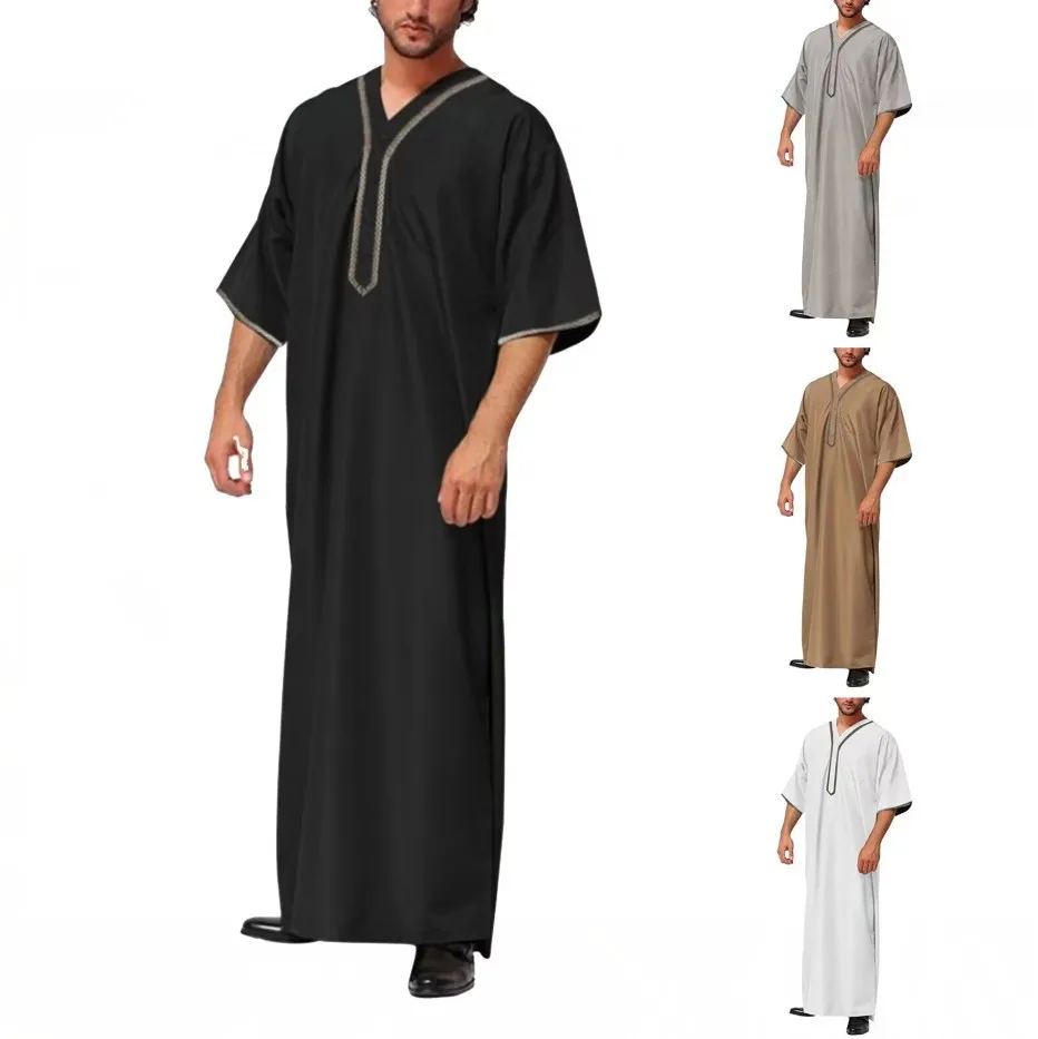 Robe brodée classique à manches courtes pour hommes, robe musulmane islamique, style ethnique arabe de Dubaï, robe formelle décontractée pour hommes, document solide, nouveau