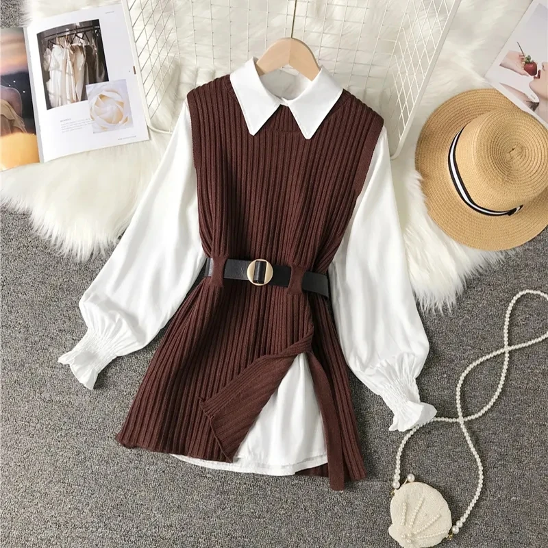 Femmes tricoté gilet 2 deux pièces ensemble chemise à manches longues lanterne 2025 printemps automne femmes chemises ensembles sans manches pull hauts