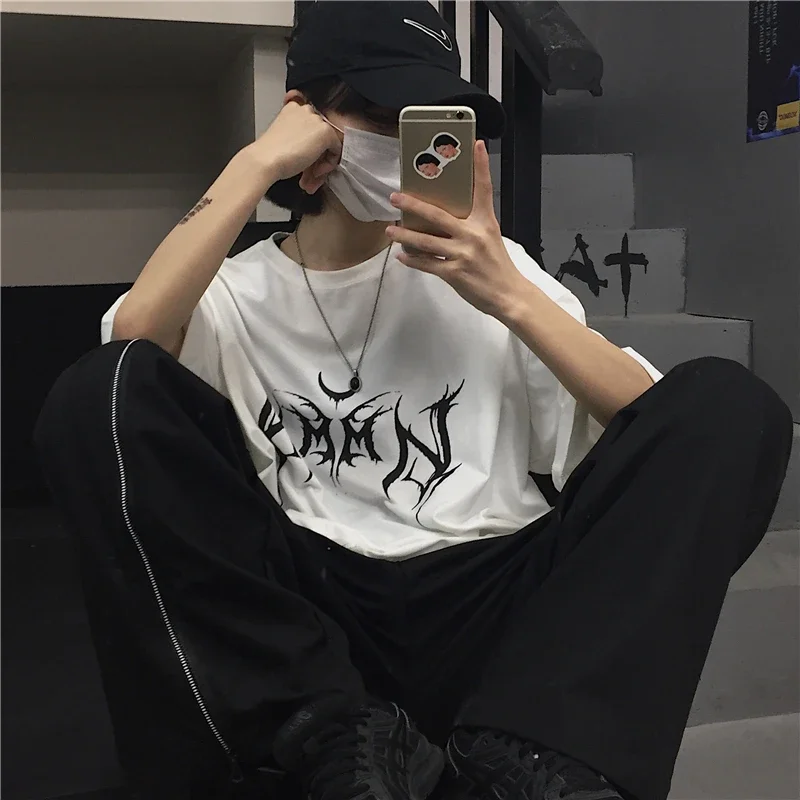 Femmes T-shirt Hip-Hop lâche Punk lettre impression hauts T-shirt noir femme été T-shirt graphique T-shirt femme mignon hauts T-shirt