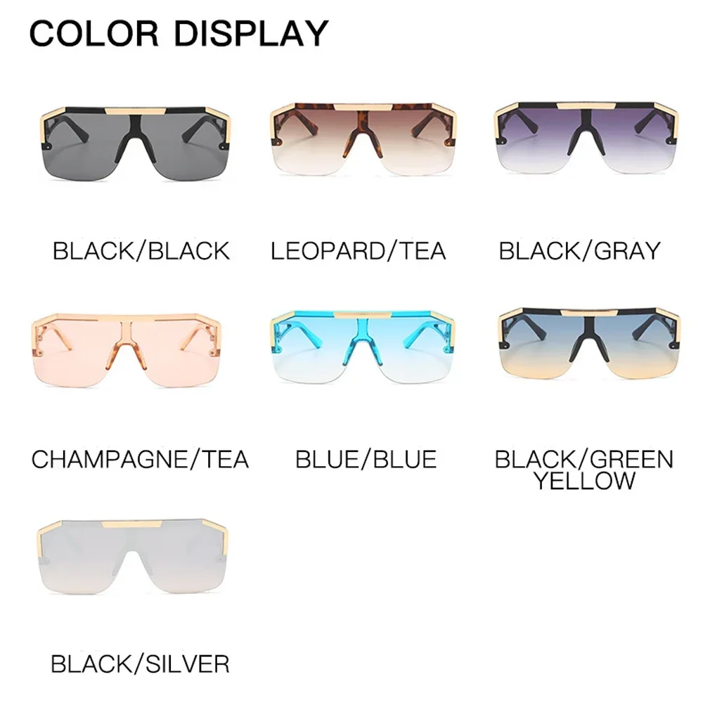 Lunettes de soleil carrées surdimensionnées pour hommes et femmes, marque de luxe, Vintage, grand cadre en métal, semi-sans monture, une lentille, UV400, 2025