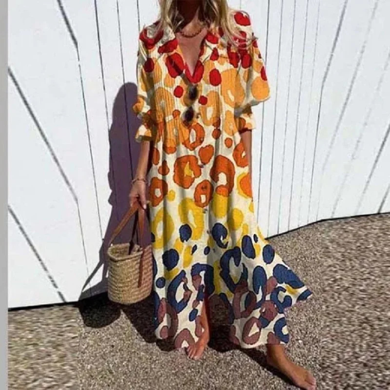 Femmes élégantes grande taille plissée à manches courtes col en V robes longues Style doux taille haute robe imprimée femme décontracté robe ample