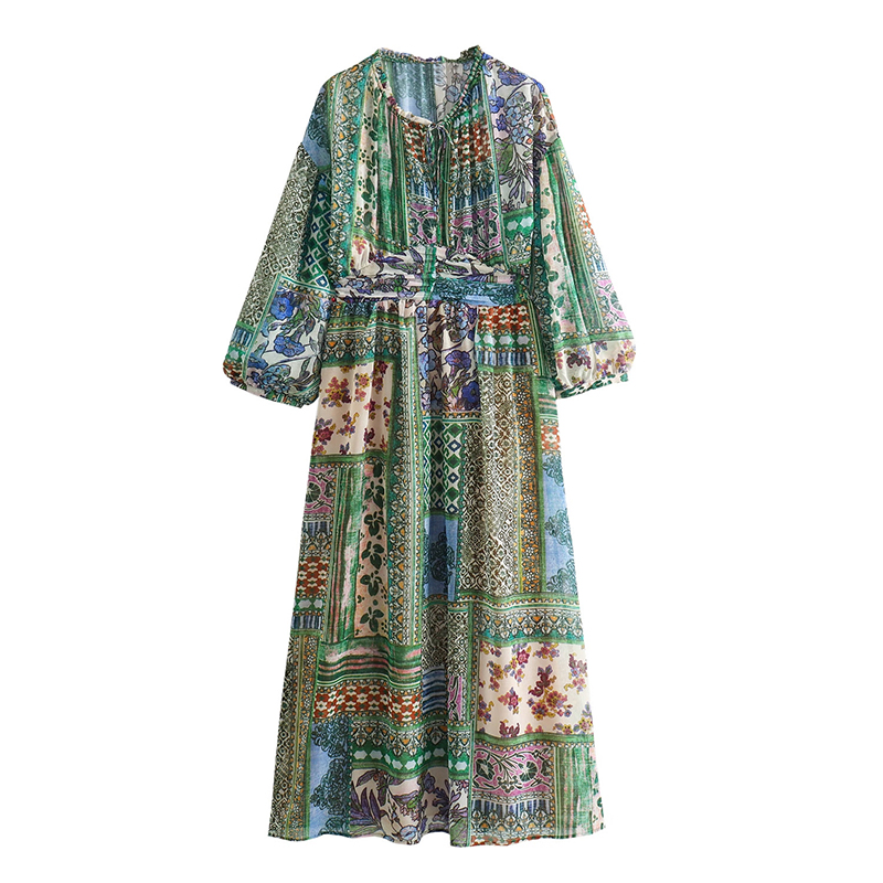 Robes imprimées à manches longues pour femmes, jupes décontractées patchwork, vintage, printemps, automne, nouveau, 2024