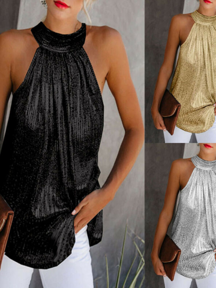 Femmes chemisier doré 2025 nouvelle mode col haut sans manches Hatler débardeur gilet été décontracté ample Blouse chemise t-shirt