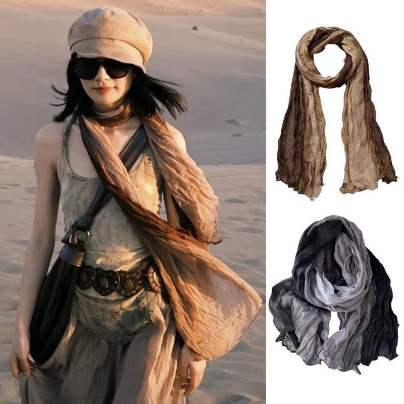 Écharpe en coton et chanvre pour femmes, foulard froissé, Long plissé, dégradé de couleur, châle doux, teinture par nouage, foulard en lin, Long Hijab, hiver