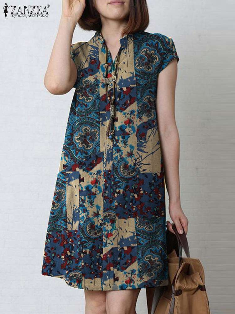 ZANZEA-Robe bohème à imprimé floral pour femme, longueur genou, manches courtes, robe d'été décontractée, vintage, vacances, caftan, été