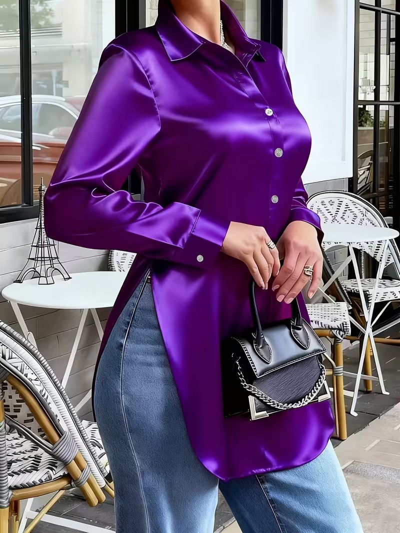 Chemise en satin pour femme – Chemisier boutonné à manches longues avec haut brillant élégant, décontracté et chic de bureau