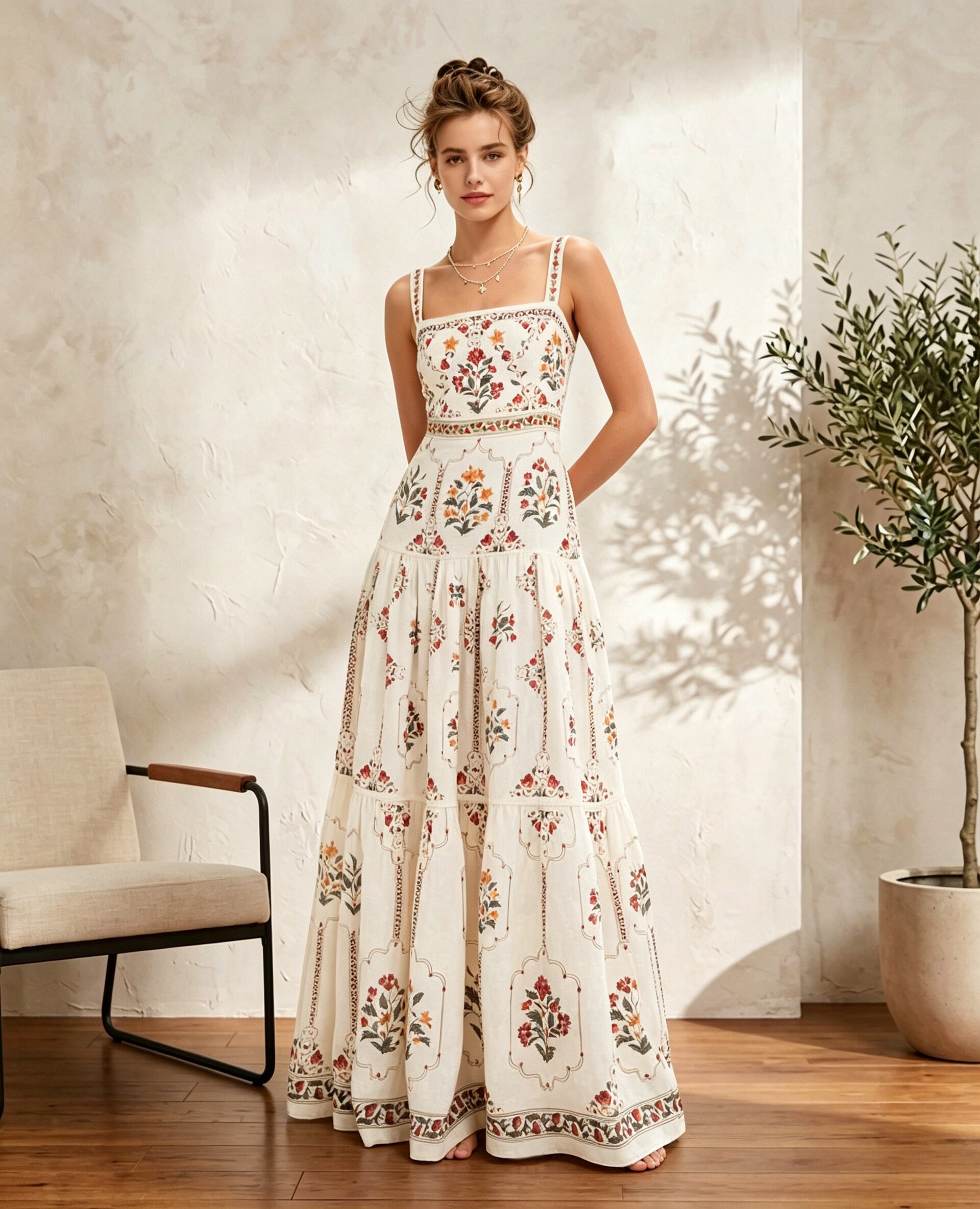 Robe longue maxi bohème pour femme, imprimé floral ethnique vintage, col carré, à volants, élégante pour l'été, les vacances et les fêtes