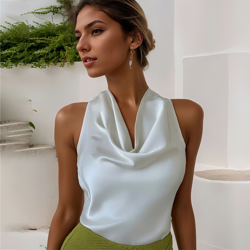 Haut court en satin pour femme, dos nu, style licou, épaules dénudées, débardeur sexy, camisole de plage