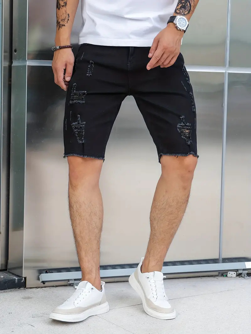 Short en Jean Déchiré pour Homme, Vêtement en Denim, Court, Slim, Droit, à la Mode, Noir, Streetwear, Été