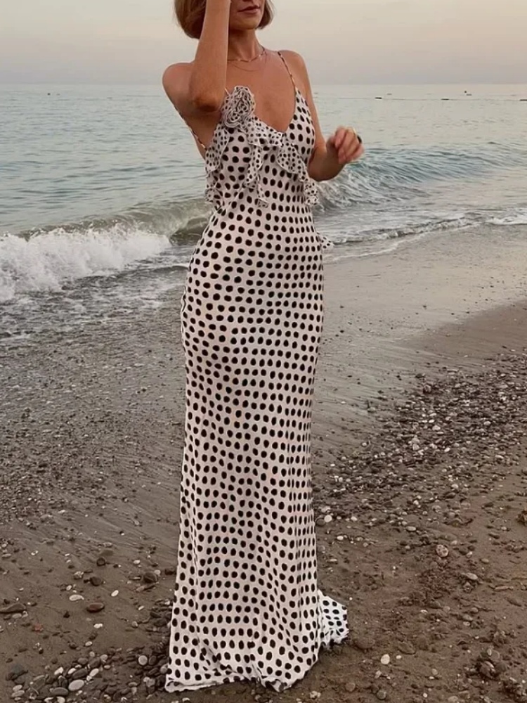 Robe de soirée dos nu pour femmes, sexy, imprimé floral 3D, à pois, robe maxi élégante, sans manches, à fines bretelles, robe moulante, robes de soirée
