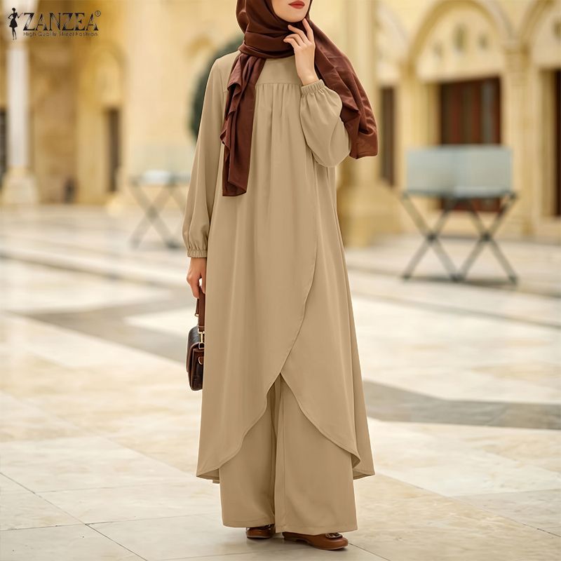 Ensemble musulman ZANZEA 2 pièces pour femmes, hauts longs avec pantalon large, ourlet asymétrique, kaftan, abaya, tenue de Ramadan, hijab, survêtement