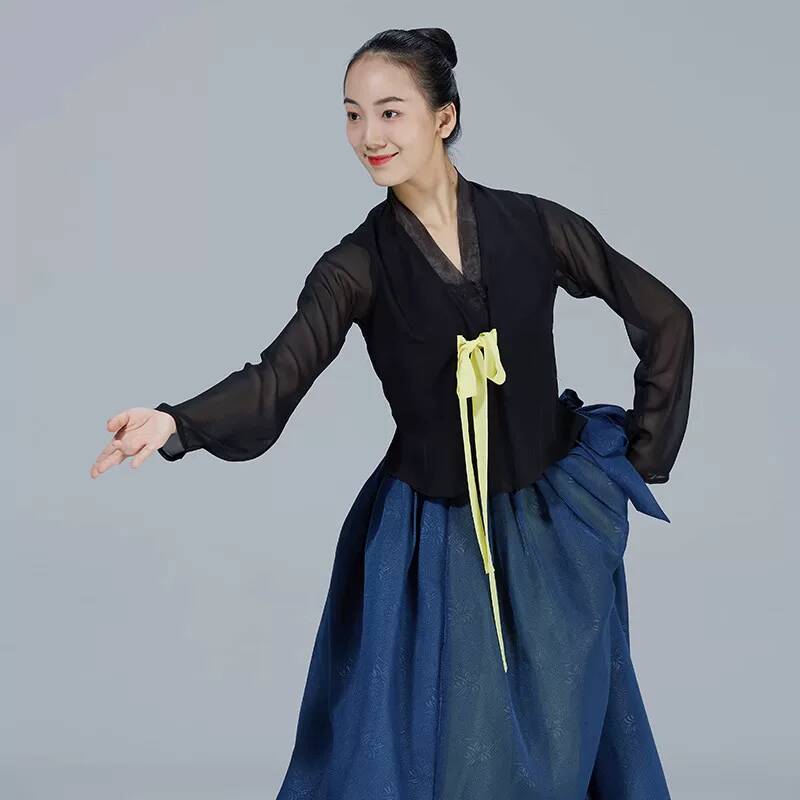 Costume de danse ethnique coréen pour femmes, haut à manches longues transparent avec nœud papillon, jupe longue ample et évasée, ensemble de tenue de compétition de danse folklorique