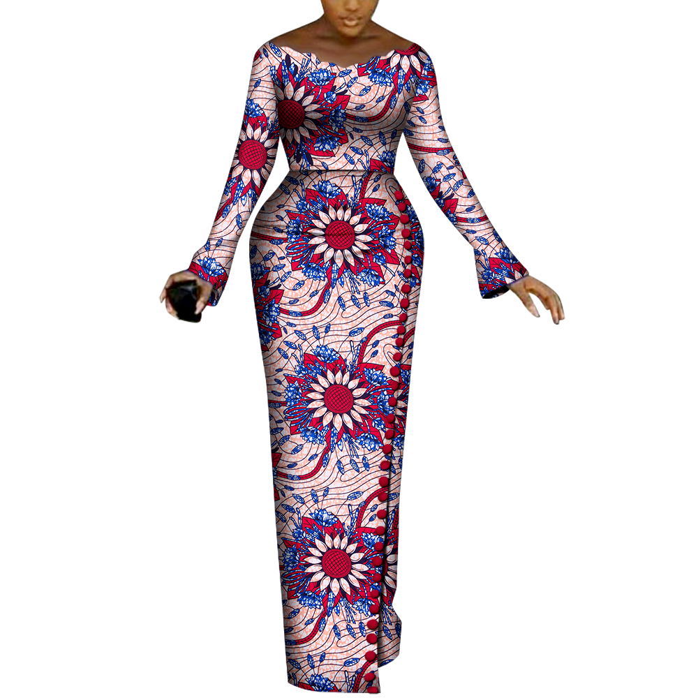 BRW-Robes africaines à manches longues pour femmes, robes de soirée, imprimé africain, boutons de sirène, vêtements pour femmes, WY8240