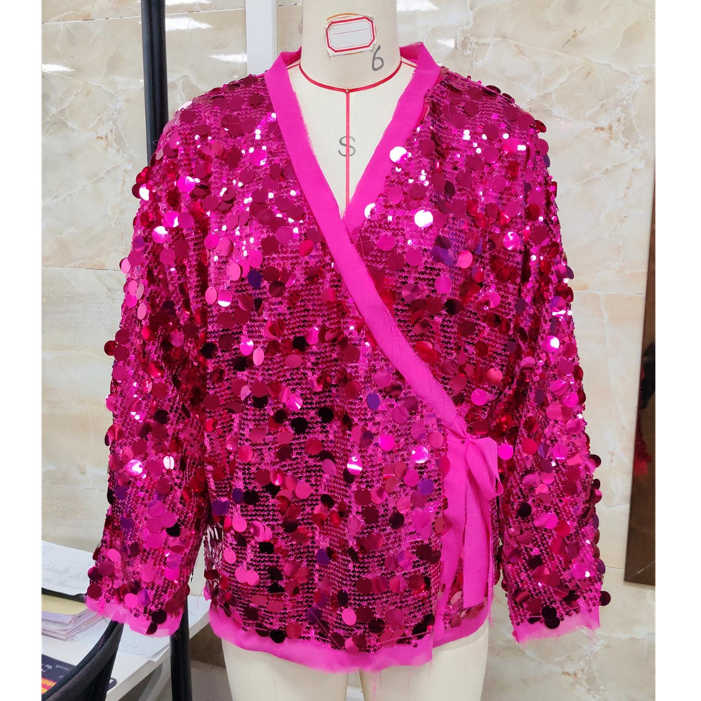 Cardigan à paillettes brillantes pour femmes, tendance, col en V, cravate sur le devant, manteau à manches longues, pull scintillant à la mode, Punk