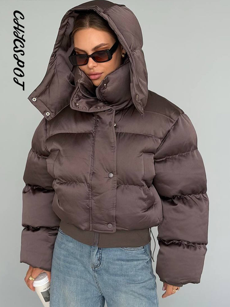 Vestes matelassées pour femmes, à capuche, col montant, fermeture éclair, manteaux courts d'hiver, manches lanternes, veste ample unie, nouvelles vêtements d'extérieur
