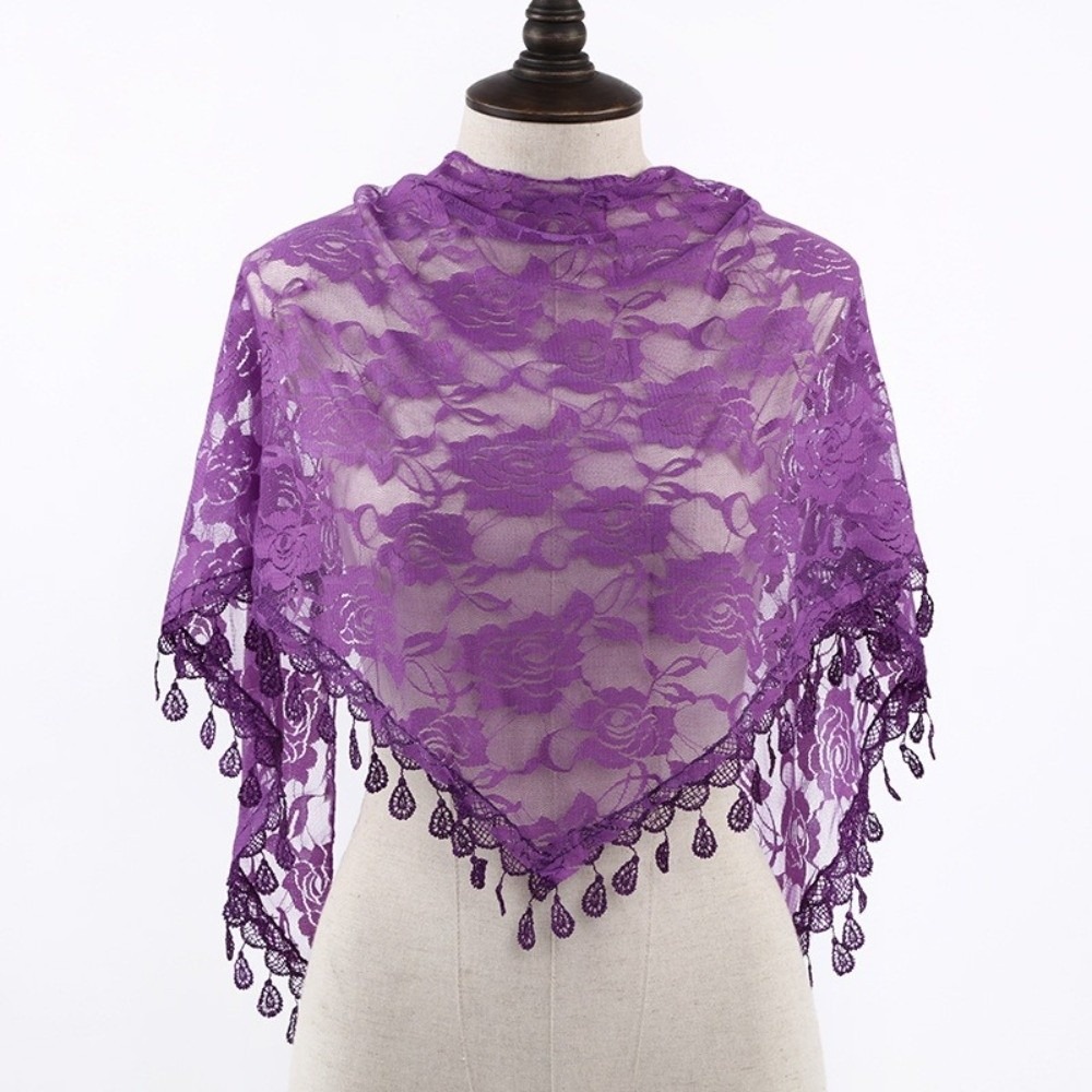 Écharpe vintage en dentelle anti-UV avec pompon, style coréen, imprimée, foulard, bandeau pour cheveux, bandeau triangulaire à fleurs colorées, pour l'église