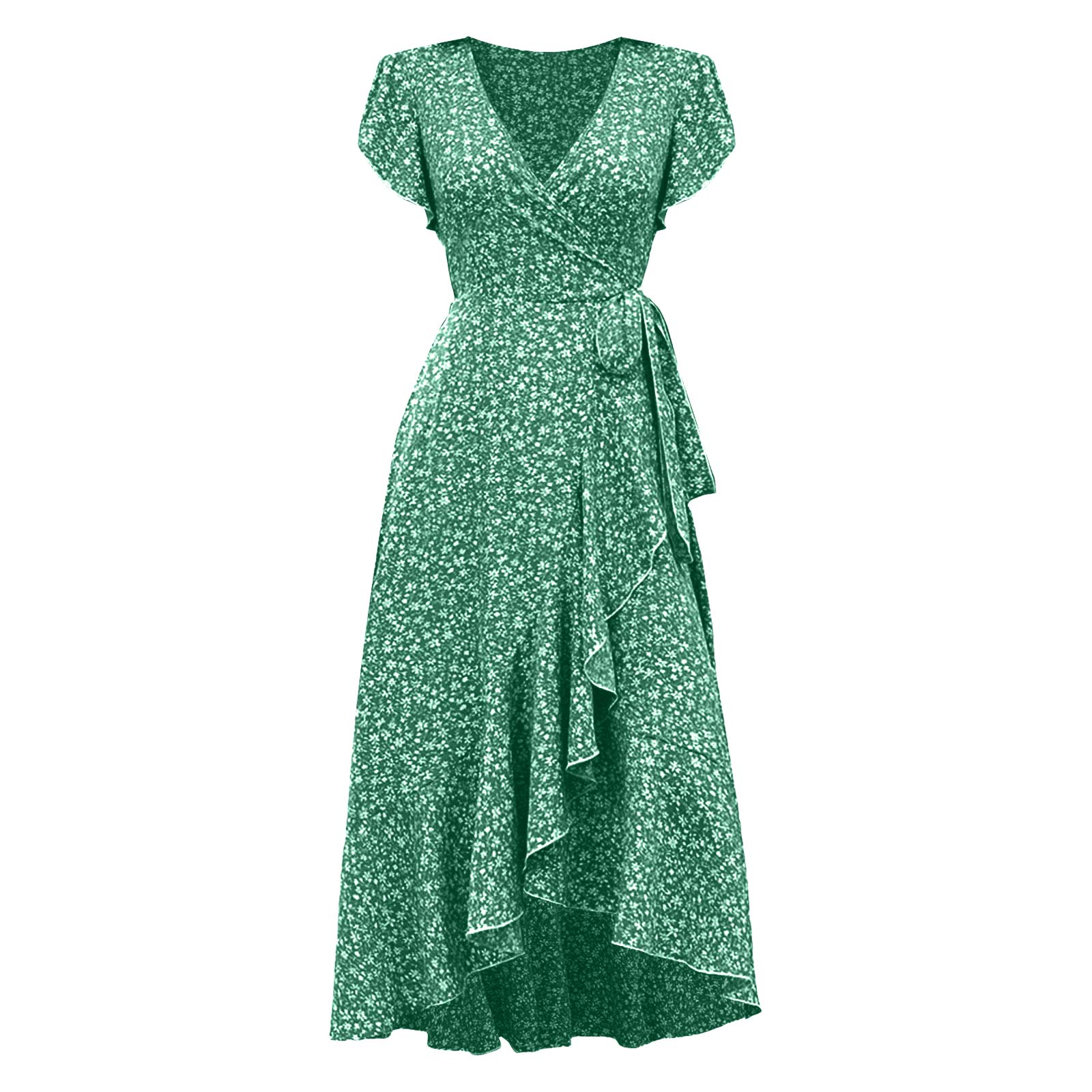 Robes d'été bohèmes pour femmes, imprimé floral, ourlet à volants, robe longue irrégulière, col en V, à lacets, taille haute, manches courtes, robe décontractée