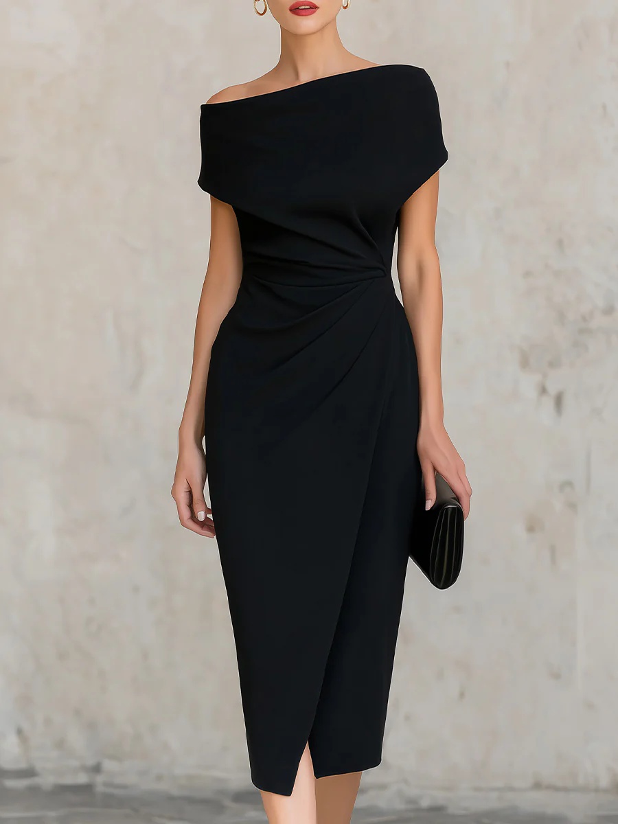 Robe midi asymétrique à épaules dénudées pour femme, coupe moulante froncée sur le côté, élégante, idéale pour les fêtes, les mariages ou les cocktails
