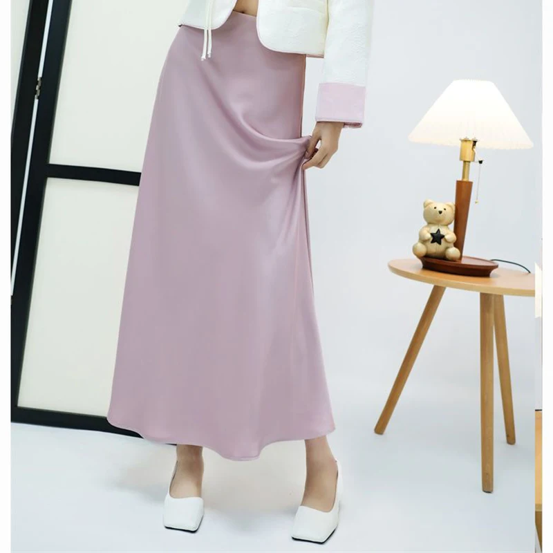 2025 été dame coréenne élégant Satin tissu jupes femme solide taille haute mi-longue robe femmes Chic concepteur mince jupes