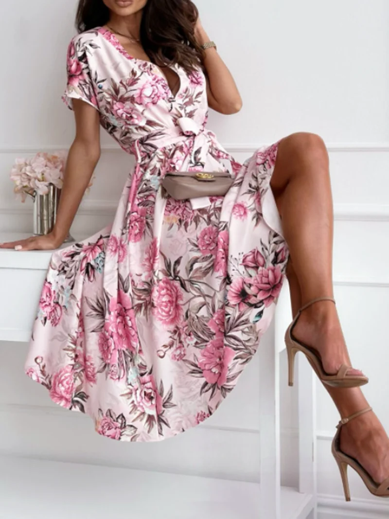 Robe à manches courtes à imprimé floral pour femmes, col en V, ceinture boutonnée, élégante, loisirs, vacances, mode estivale