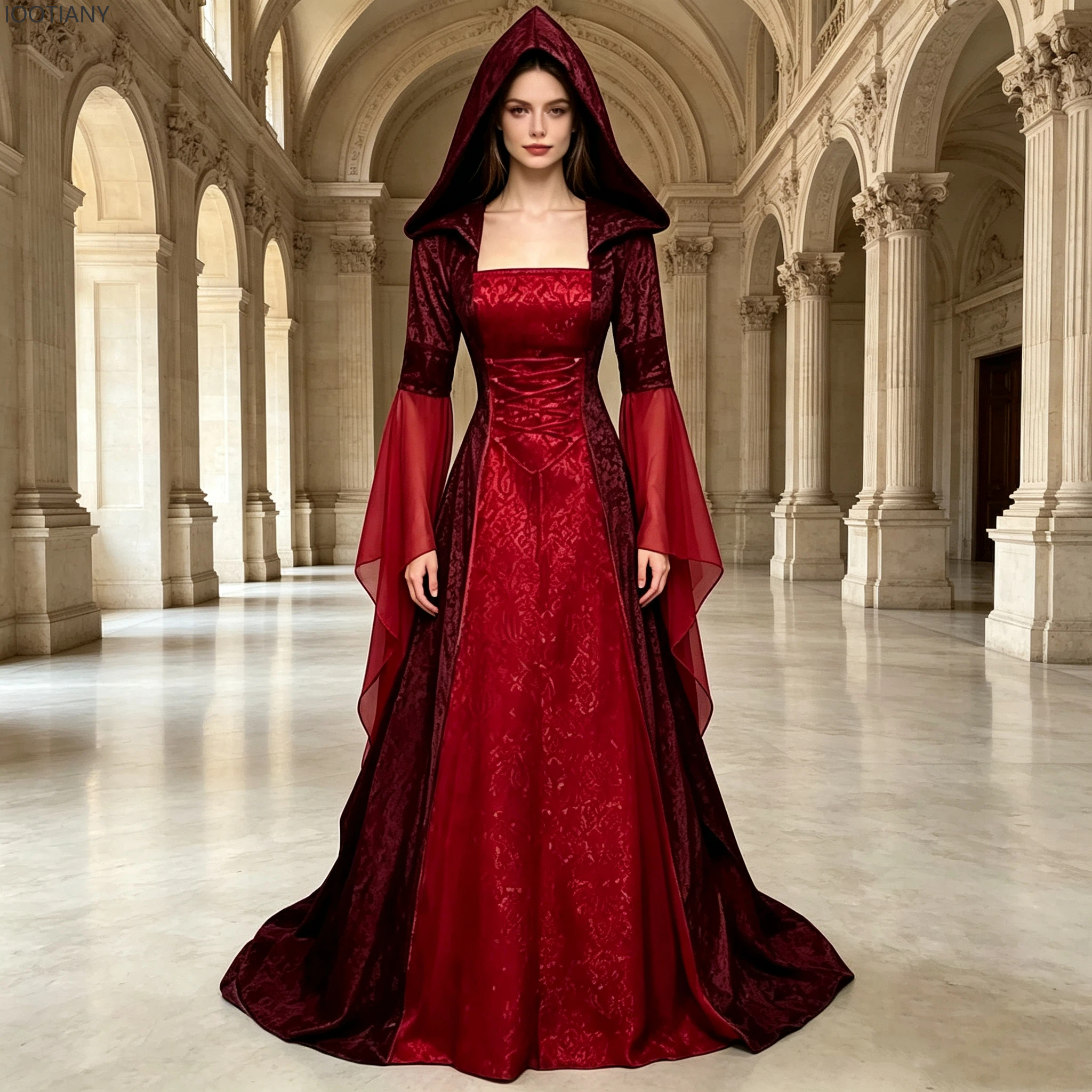 Robe de cosplay gothique médiévale à capuche, brodée rétro, style Renaissance, pour scène de mariage, Halloween, tenue de cosplay, costumes