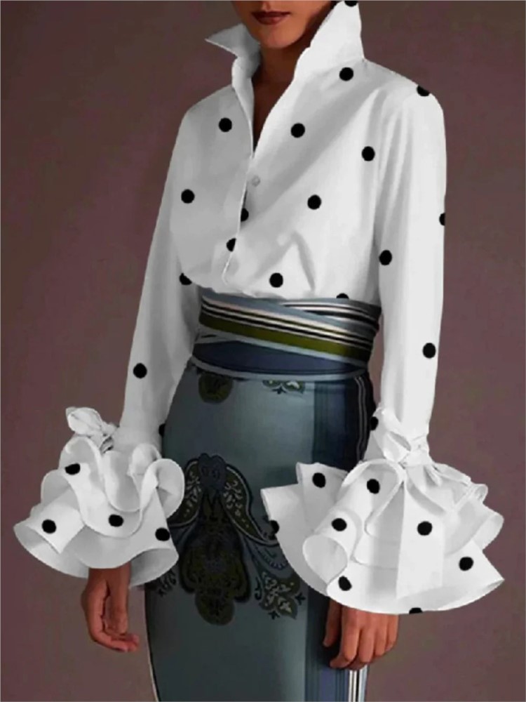 Chemises et blouses pour femmes, élégantes, manches évasées, blouses à volants, hauts, printemps, automne, décontractées, unies, chemises de bureau à col boutonné, hauts