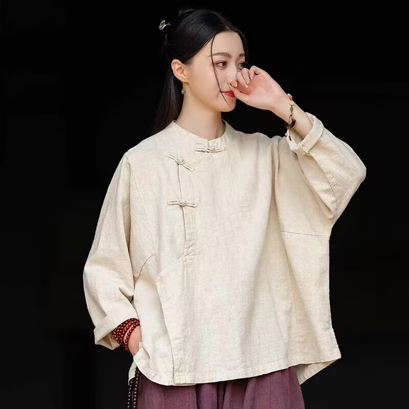 Ensemble de vêtements de Style chinois pour femmes, 2 pièces, en coton et lin, haut à manches longues, pantalon ample, rétro, patte diagonale, automne