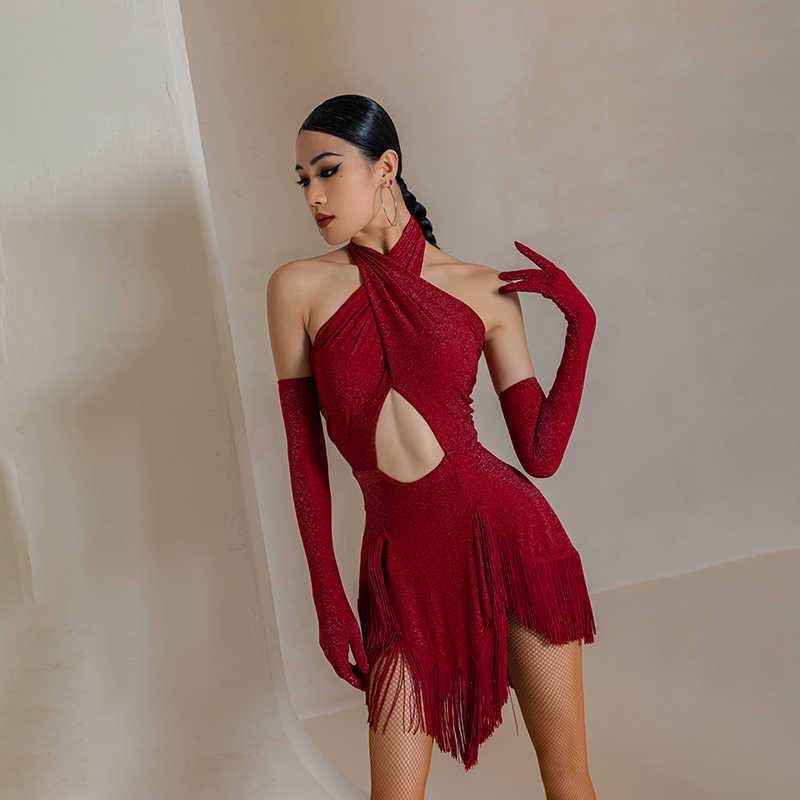 Robe de danse pour femmes, tenue de nuit, Costume de scène de danse rouge, jupe à franges, robe de danse latine pour compétition, Costume Sexy