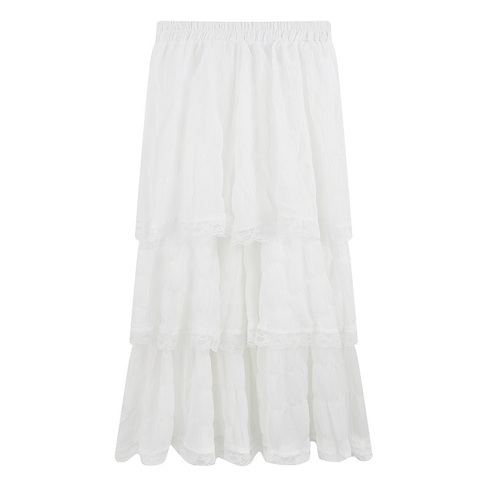 Valider ens-Jupe longue en dentelle au crochet pour femme, taille haute élastique, volants bas, jupes plissées, blanc, noir, mode coréenne, nouveau, été, 2024