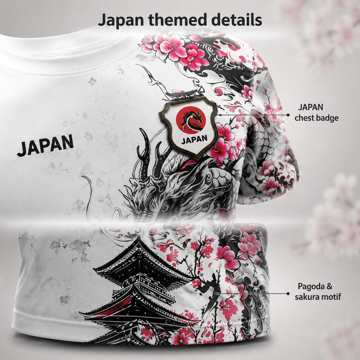 Maillot de football japonais pour homme, imprimé sur toute la surface avant et arrière, motif cerisier, dragon, pagode, art à l'encre, t-shirt de sport pour fan de l'équipe nationale