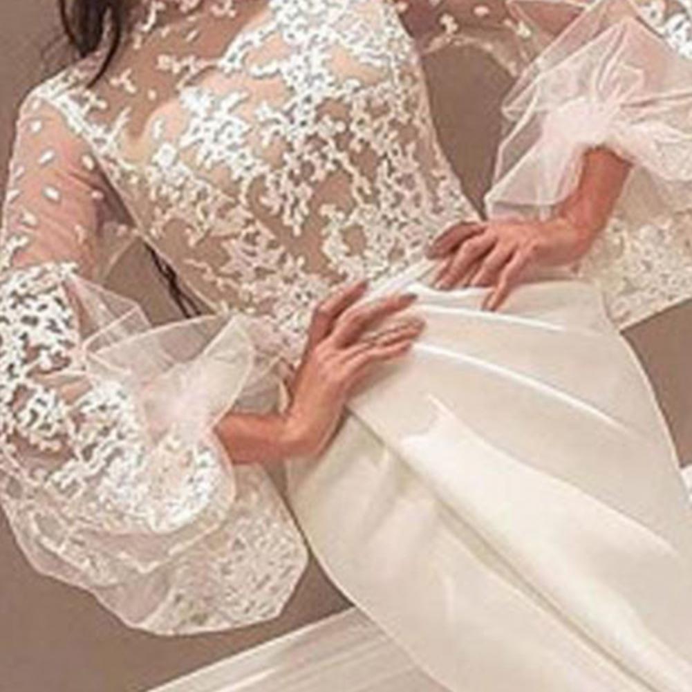 Robe de soirée longue transparente à col roulé pour femmes, taille haute, ourlet fendu, manches bouffantes, vêtements de fête